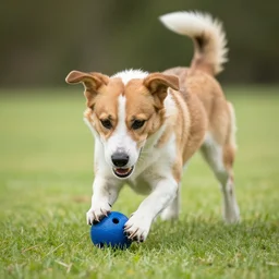 a dog playing with blue ball