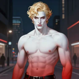 portrait of a beautiful young fit male vampire with curly blond hairs and pale skin, dressed with urban clothes, by Greg Rutkowski and alphonse mucha, d&d character, gradient white to red, in front of a modern nocturnal background, highly detailed portrait, digital painting, artstation, concept art, smooth, sharp focus ilustration, Artstation HQ