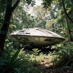 old photo overgrown zaha hadid alphonse mucha spaceship ruins in jungle sunlight