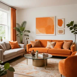 biophilic living room with a splash of orange