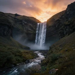 photo of epic mountain landscape, waterfall, sunset, cinematic, cinematic, art by michael shainblum