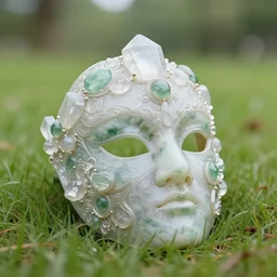 an elaborate intricate mask made of clear quartz and jade sitting in a grassy field, rendered in octane, behance hd, bokeh backdrop