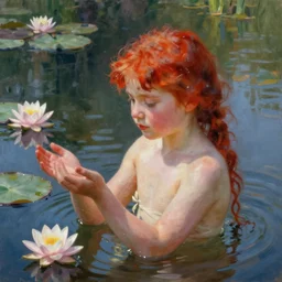 oil painted impressionism style, A red-haired girl bathes in a lake where water lilies are floating, High definition, detailed,