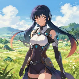 anime key visual portrait of a sci fi fantasy girl in a beautiful landscape drawn in sam yang's art style, marc brunet's art style, ross tran's art style, trending on artstation, trending on pinterest, trending on instagram