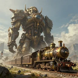 incredibly colossal giant ancient train. extremely high details, artstation contest winner, masterpiece, fantasy art, steampunk, digital art by anthony brault, hubert robert