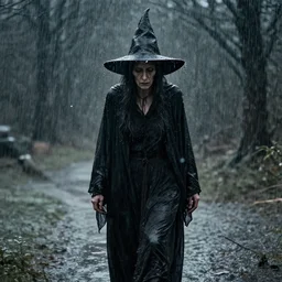 really old witch, walking through heavy rain, melancholic, sad, lots of raindrops, detailed, cinematic, dramatic lighting, by william zorach