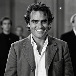 grinning drunkard ( ( ( ( ( joaquin phoenix ) ) ) ) ) with sideburns worn in old grey jacket and a white shirt, still frame from black and white movie with cinematography of christopher doyle and art direction by hans giger, anamorphic lens, black and white film, optical flares, 8 k