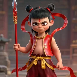 a masterpiece portrait of nezha, legendary, kid wear red chinese armor and holding spear, cinematic, fantasy character portrait, hyper detailed, digital painting, 4 k realistic, trending on artstation, d & d, sharp focus, illustration, dof, by ne zha ( 2 0 1 9 ), fenghua zhong, new gods : nezha reborn ( 2 0 2 1 ), noriyoshi ohrai, i am nezha ( 2 0 1 6 ),, top lighting,