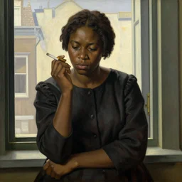 a heveanl renaissance painting of a sad black woman smoking a cigarrete at the window in the style of norman rockwell, trending on artstation.