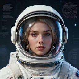 retrofuturistic portrait of a woman in astronaut helmet, reflective visor, space graphics art in background, close up, quint buchholz, wlop, dan mumford, artgerm, liam brazier, peter mohrbacher, raw, featured on artstation, octane render, cinematic, elegant, intricate, 8 k