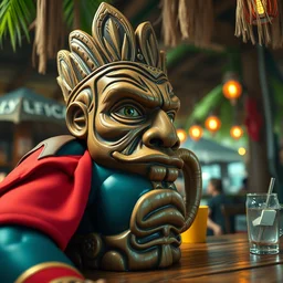 a closeup photorealistic photograph of superman as a tiki mug at a trader vic's beach bar. tiki culture. bright scene. fine detail. this 4 k hd image is trending on artstation, featured on behance, well - rendered, extra crisp, features intricate detail, epic composition and the style of unreal engine.