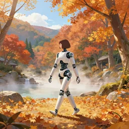 a female robot walking through autumn leaves in the mitarai valley and dorogawa onsen, nara, japan. volumetric lighting, autumn, late morning, sunny weather, few clouds, realistic illustration, perfectly shaded, soft painting, art by krenz cushart and wenjun lin
