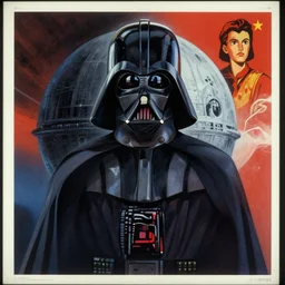 film still of isometric symmetrical empire strikes back and darth vader, soviet propaganda poster, 1910, deathstar, artwork movie poster by Makoto Shinkai, high contrast vibrant colors, Ralph McQuarrie, New art nouveau, water color, moebius, fine lines, neon ink on black paper, Lucasfilm, Studio Ghibli