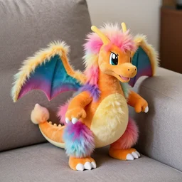 colorful charizard fluffy plushy toy on the side of a couch, close up dslr photo