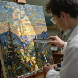 scientist using calipers, oil painting