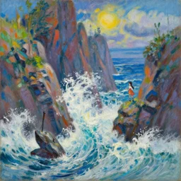 whitecap waves crash fjords, fantastic characters in the scene, epic scene, lofi vibe, colorful, vivide colors, amazing light, really beautiful nature, oil painting, by jeremy lipkin, by claude monet, by makoto shinkai, kandinsky touches, multiple brush strokes, inspired by ghibli, masterpiece, beautiful