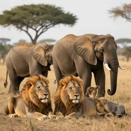beautiful picture of africa with lions, elephants and other animals, high resolution