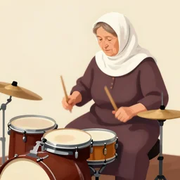 a babushka playing drums, the drums look like bowls of oatmeal, digital art