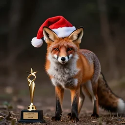 photograph of a fox animal with a red santa claus hat, hosting a late night talk show