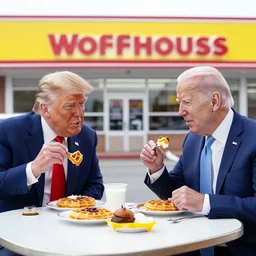 trump and Biden sitting and eating breakfast at a Wafflehouse