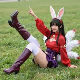 a female sitting in the grass while her legs are pointing to the sky, she's wearing a very high leather boots with a much longer royal white socks, wearing a red matte long sleeves that are very loose at each end, she's wearing a very short dark matte violet skirt, golden jewelries, pointy bunny ears, 4 white tails with a red him at each end, very detailed beautiful face, smiling seductively, 4k quality, trending on Artstation, art by ZeargeanT