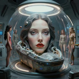 detailed face of a woman with obsidian eyes in a biomorphic sarcophagus, life support chamber, retro 7 0 s sci - fi, dome, rim lighting, surreal lowbrow, pj crook, syd mead, livia prima, artgerm, greg rutkowski, nick alm, casey baugh