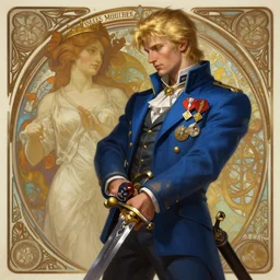 photography of a blonde man in a blue suit with medals on it wielding a sword and pistol, deep focus, d & d, fantasy, intricate, elegant, highly detailed, digital painting, artstation, concept art, matte, sharp focus, illustration, hearthstone, art by artgerm and greg rutkowski and alphonse mucha