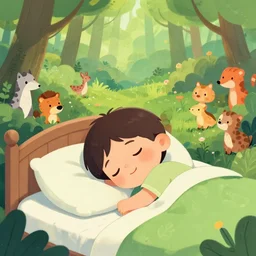 a beautiful illustration of a little cute boy on his bed dreaming about a beautiful green forest with lots of different animals, detailed face, beautiful colors, digital art