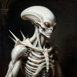 portrait of white ribbed alien covered with ribs white mechanical spines white muscle tissue ribbed spiky horns, lucid dream - like heavy atmosphere, baroque painting, harsh flash photo, perfect composition, detailed octane render trending on artstation, 8 k artistic photography, volumetric cinematic perfect light, chiaroscuro, masterpiece, raphael, caravaggio, beksinski, rutkowsk