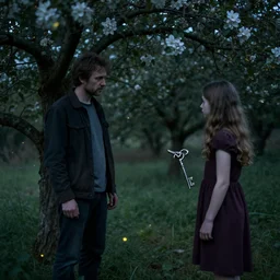 a man is standing by apple tree. he watches a girl who has a very large silver key. folk horror. eerie. fine detail. realistic. fireflies