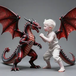 albino kid fightings dragon, fluent composition, photograph, red white and black, concept art, ambient light, 4 k, intricate details, highly professionally detailed, cgsociety, highly detailed -