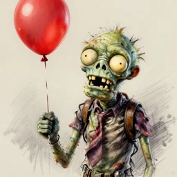 surrealism grunge cartoon portrait sketch of a zombie with a wide smile and a red balloon by - michael karcz, loony toons style, mad max style, horror theme, detailed, elegant, intricate