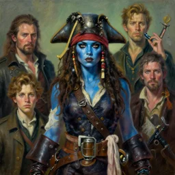 Female pirate captain with blue skin, 4k oil on linen by wlop, artgerm, andrei riabovitchev, nuri iyem, james gurney, james jean, greg rutkowski, highly detailed, soft lighting 8k resolution