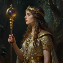 painted portrait of ancient kingdom female priest, side profile, long hair, magician rod, standing in the dark forest, upper body, fantasy intricate elegant extremely detailed digital painting trending artstation concept art sharp focus illustration art by gustave courbet greg rutkowski craig mullins