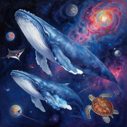 detailed painting of aquatic animals swimming in space, whales, turtles, sting rays, colorful nebulas, planets, in the style of ayami kojima, artem demura