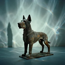 the dog statue, liminal space, water caustics, film still from the movie directed by denis villeneuve and david cronenberg with art direction by h. r. giger and salvador dali, wide lens