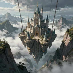an immense floating castle with chains holding in mountains, in the midst of high mountains, hanging by chains, inside a gorge, below only cloud dark void, 8k resolution, by Tatsuyuki Tanaka, artstation trends