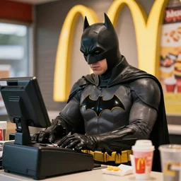 DSLR still of Batman working as a cashier at McDonalds, 4k, 85mm,f 1.8