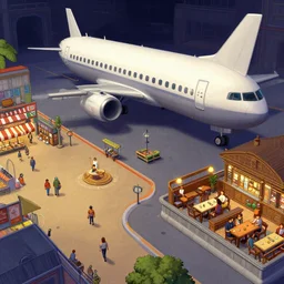inside a large passenger spaceship, next to an plaza area with stores to one side and a restaurant to the other side, from a point and click 2 d graphic adventure game, art inspired by [ [ thomas kinkade ] ] and mark keathley and greg rutkowski