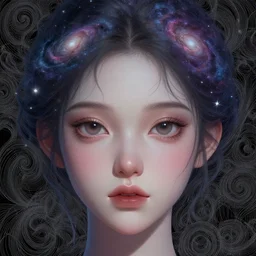 closeup portrait perfectly detailed of a beautiful mysterious girl, galaxy around head, cute eyes, swirly intricate linework background by stanley artgerm lau, smooth, digital painting, by greg rutkowski and james jean, zbrush, trending on artstation, unreal engine 5