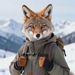 beautiful portrait of a female anthropomorphic coyote fursona wearing hiking gear in the snowy mountains. detailed hands. character design by charlie bowater, ross tran, artgerm, and makoto shinkai, detailed, soft lighting, rendered in octane