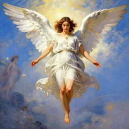 vibrant depiction of barefoot biblical angel descending from heaven that looks like nathalie emmanuel and jessica alba illustration by ruan jia and mandy jurgens and william - adolphe bouguereau artgerm 4 k