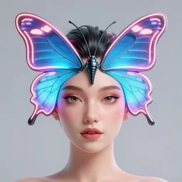 a 3 d model of an exotic beautiful woman with a neon butterfly head, fixed eyes, perfect eyes, perfect symmetrical lips, unreal engine, cinema 4 d, intricate details, 8 k, ultra realistic, super detailed, octane, ray tracing, artstation, beeple, 3 d model, style of uncharted, final fantasy, pixar, toy story, the legend of zelda