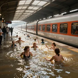 flooding of a train station in uppsala, people swimming