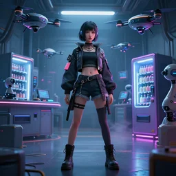 a digital illustration of a cyberpunk fashion girl wearing street urban futuristic cyberpunk clothing in the interior of a cyberpunk lab, inside there are drones and robots and a vending machine with neon lighting and foggy environment by craig mullins, 3d scene, render, ultra realistic, ray tracing, night time, volumetric light, artstation, cgsociety, level design, unreal engine, 3d scene, zenith view