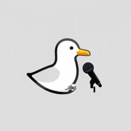 a minimal logo of a seagull bird talking to a microphone at a podcast