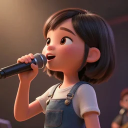 a side view portrait of cute Asian girl singing, short hair, in the style of DreamWorks animation, low angle view, 16mm lens, award winning, hyper detailed, dramatic lighting, artstation, octane renderer, unreal engine