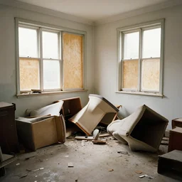 a room that is brightly lit, but all the furniture is overturned and the windows are boarded up.
