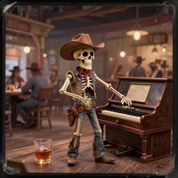 hybrid pixar tintype photograph of an renegade skeleton cowboy outlaw at a busy saloon in the old west, alcohol, old player piano, wide angle, volumetric lighting, cinematic, bokeh, octane render