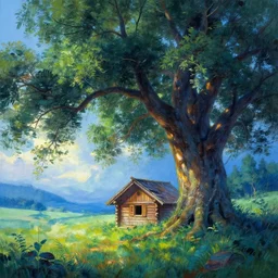 amazing art work of beautiful landscape, big tree and wooden hut, soft glow of light, vibrant cool color palette, masterpiece, art work by greg rutsowski, high details, very sharp
